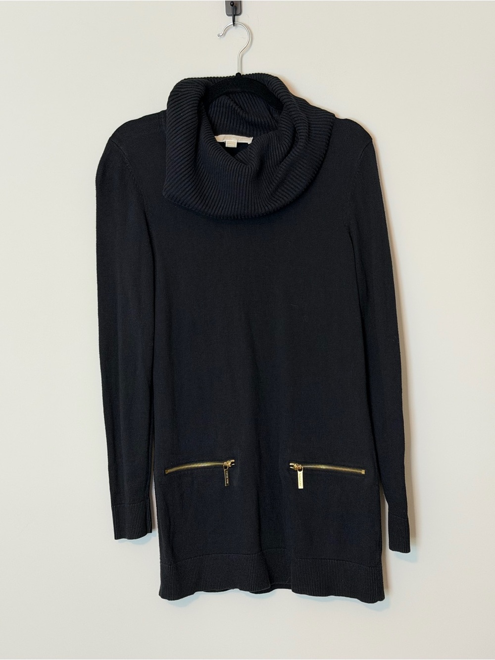 MICHAEL Michael Kors Black Cowl Neck Longline Sweater Tunic Gold Zip Detail M